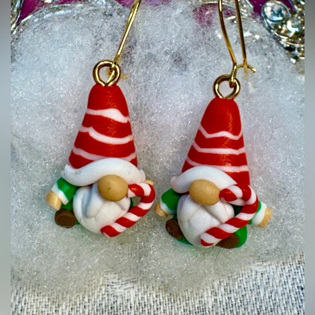 Handcrafted Women Earrings Pierced Cute Red Striped Hat Green Suit Candy Cane